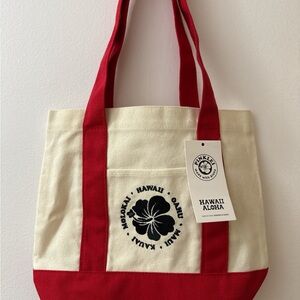 Hawaii Aloha - Cream Canvas Tote with Red Straps